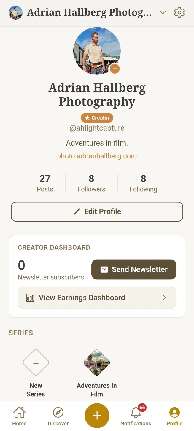 A photographer's Kindred profile with a Creator Dashboard card, showing newsletter subscribers and a link through to the monthly earnings dashboard.
