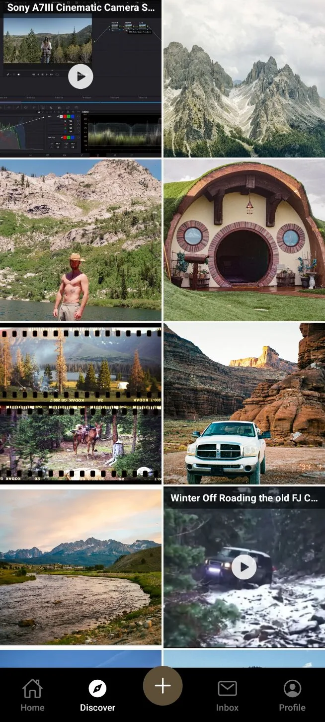 Kindred's Discover grid, a two-column mix of landscape photography, 35mm film scans and video from outdoor creators, each frame shown at its own proportions rather than cropped to a square.
