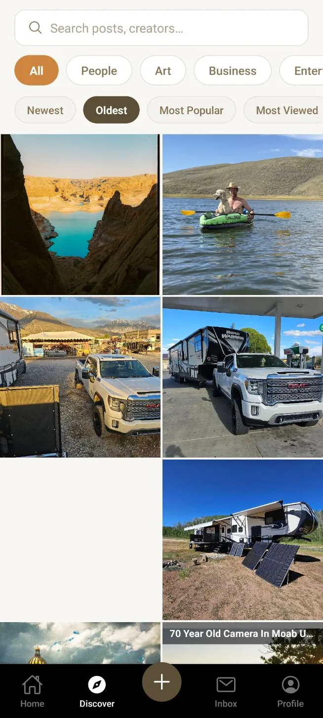 Kindred's Discover tab with a search field, category filters, and sort options for Newest, Oldest, Most Popular and Most Viewed — discovery handled separately from the feed rather than by ranking it.