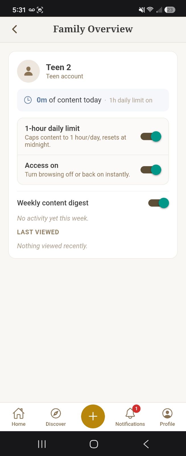 Kindred's Family Overview screen, where the plan owner manages a teen account: a one-hour daily content limit that resets at midnight, an instant on-or-off switch for browsing, and a weekly content digest showing what they have viewed.